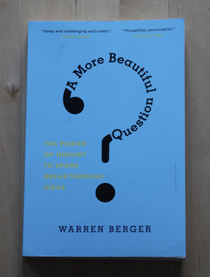 Photo of the book on a table, the title forms a question mark on a blue background