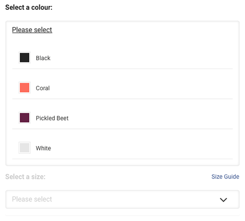 A new design with two dropdowns - showing the colour selector open.
