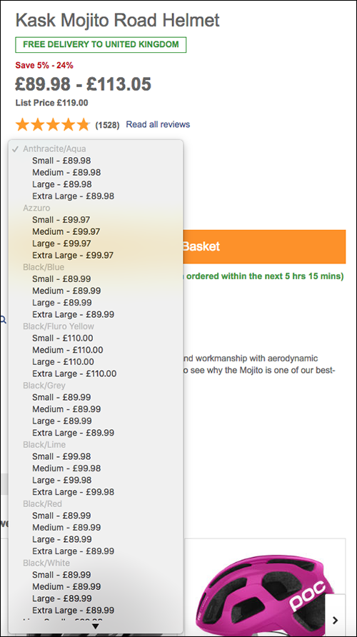 Helmets show a very long list showing the size and price for each colour.